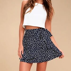 Lulus Navy Polka Dot Wrap Lincoln Mini Skirt